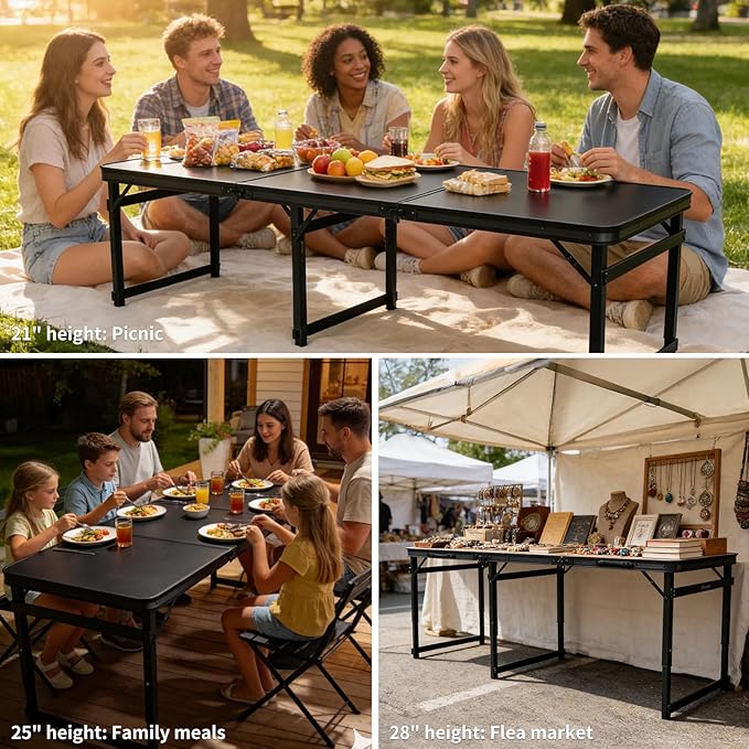 6FT x 2FT Folding Camping Table with Aluminum Alloy Legs, Adjustable Height Portable Outdoor Picnic Table for Camping, Travel, Parties, Kids Crafts, and Market Vendor Use