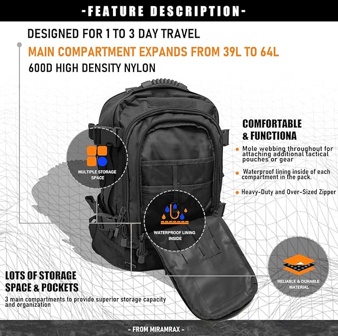 Miramrax Tactical Backpack Military Hiking Daypack - Molle Backpack for Men 3 Day Assault Pack Bug Out Bag for Camping Travel Army Hunting Gym Rucksack Survival (Black)