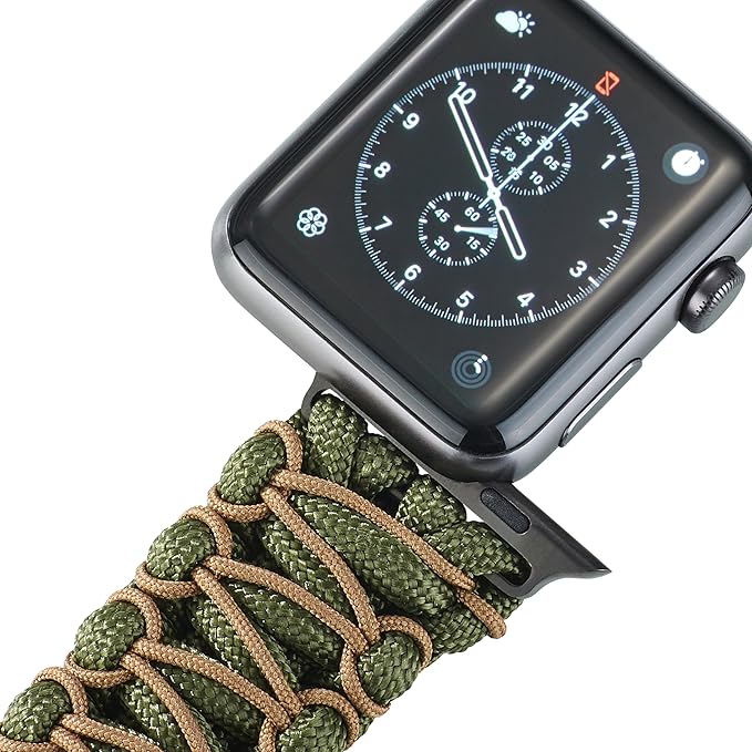 Savior Survival Gear Paracord Watch Band - Compatible with Apple Watch Band 49mm 46mm 45mm 44mm 42mm - iWatch Band Series Ultra 10 9 8 7 6 5 4 3 2 1 SE – Adjustable strap for men (Green-Brown, Large)