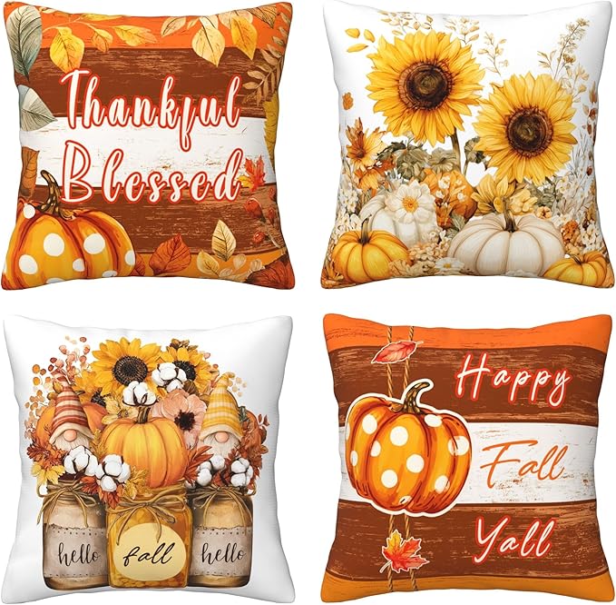 Fall Pumpkin Throw Pillow Covers 18 X 18 Inch Set of 4 Decorative Cushion Cover Home Decor for Sofa Chair Couch Bedroom Living Room