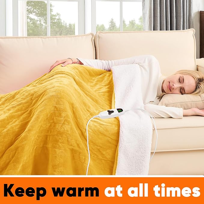 greenoak Heated Blanket Electric Throw 50"X60", Heating Blankets with 10 Heat Levels 8 Hours Auto-Off, Soft Flannel Sherpa Fluffy House Warming Gifts for Grandma Seniors Mom,Ginger Yellow