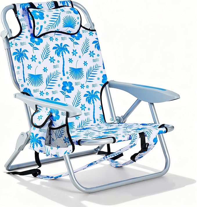 Portable Beach Chair for Adults, Outdoor Camping Chair Lay Flat Folding Backpack Beach Reclining Chair with 5 Positions, Headrest, Cup Holder, Heavy Blue Coconut Tree