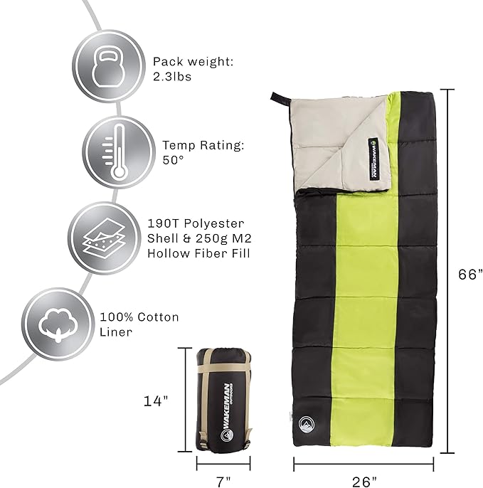Lightweight Sleeping Bag - Carrying Bag with Compression Straps Included - for Adults, Kids, Camping, Backpacking, and Sleepovers by Wakeman Outdoors