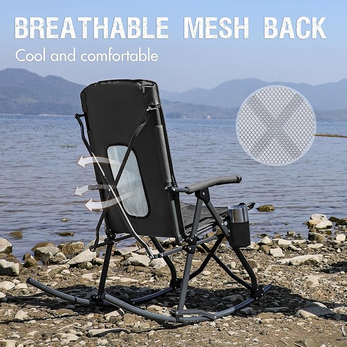 PORTAL Oversized Folding Rocking Camping Chair Portable Outdoor Rocker with High Back Hard Armrests Carry Bag, Supports 400 lbs