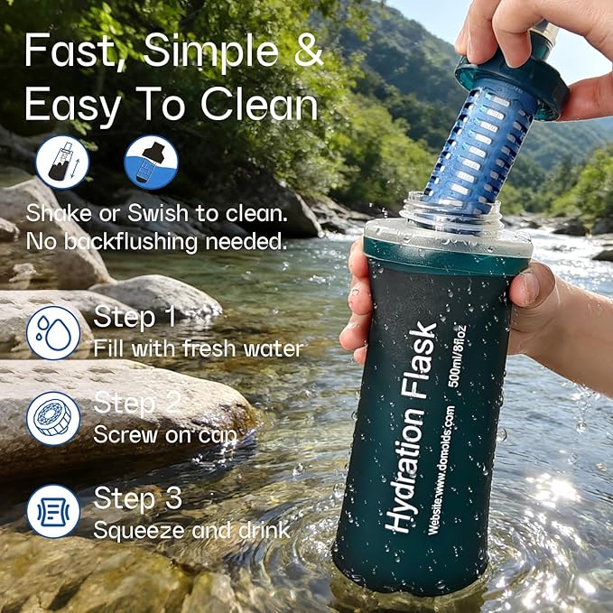 GUYI 700ml Collapsible Water Filter Bottle, Removes Impurities, BPA Free, Ultralight for Hiking, Camping, Cycling & Travel-Dusty Blue