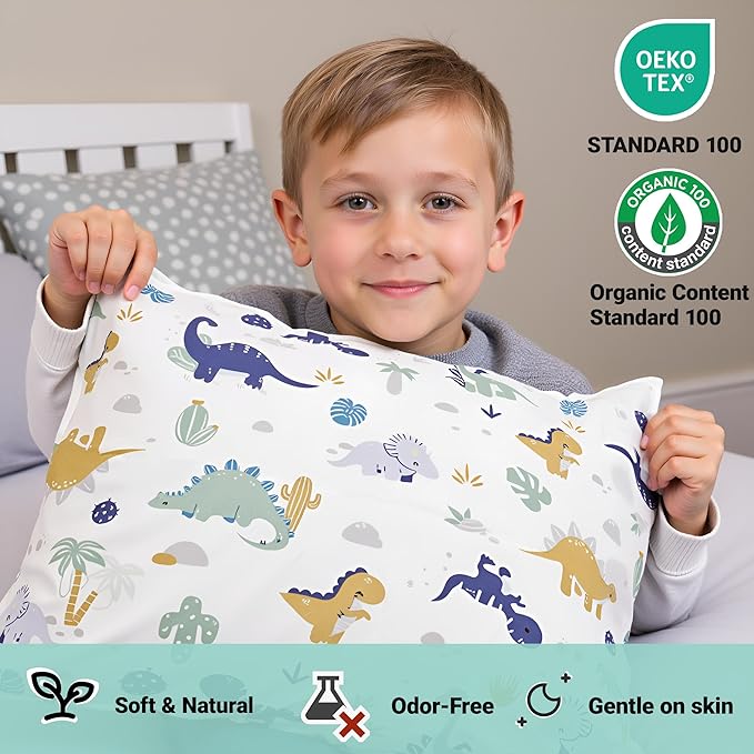 ZPECC Toddler Pillow with Pillowcase - 13x18 Organic Cotton Hypoallergenic Kids Pillow, Baby Essentials for Travel Crib Daycare Stroller (Intended for Age 2 and up) Dinosaur