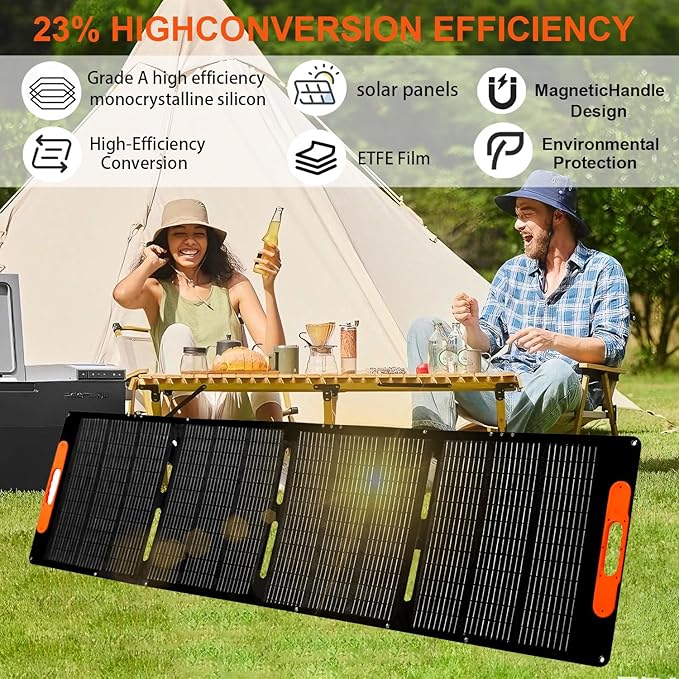 200W Portable Solar Panel for Power Station,25V Foldable Solar Panel Charger with Kickstand,Dual USB & Type-C Output,>23% High Efficiency IP65 Waterproof for Camping,Hiking,RV Trips