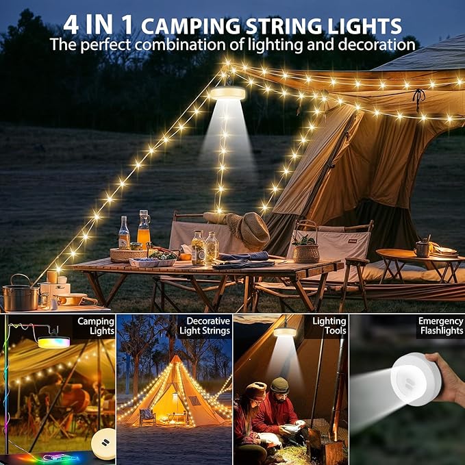 Camping String Lights, 4 in 1 Quick Storage Camping Essentials Gear 32.8FT Rechargeable Tent Lights with 9 Modes Hanging Waterproof LED Camp Lamp for Camping Hiking Patio Garden Festival-Black