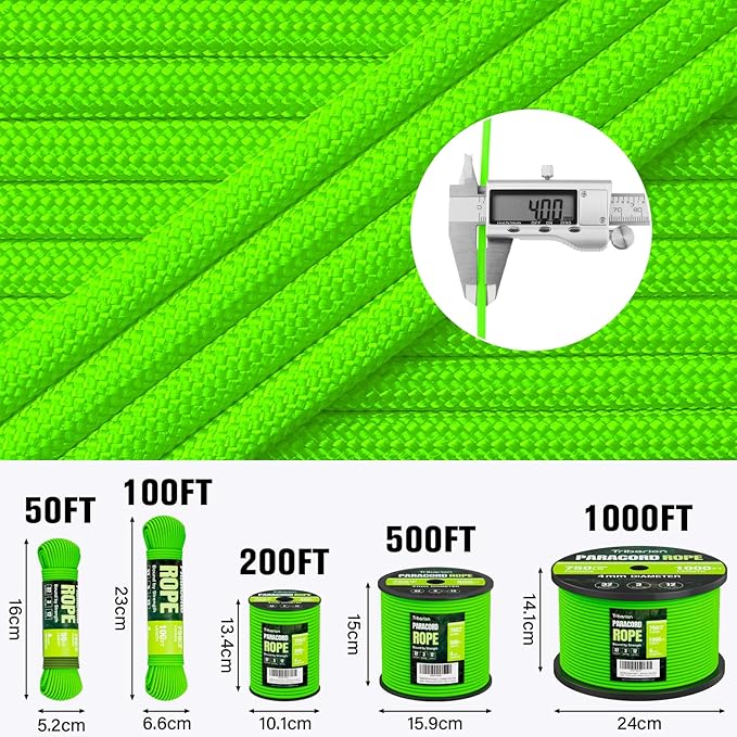 Paracord Rope 750 lb - 100ft 5/32" Parachute Cord 4MM 12-Strand para Cord - Heavy Duty Spool String for Survival,Camping Gear, Survival Bracelet, Clothesline - Neon Green