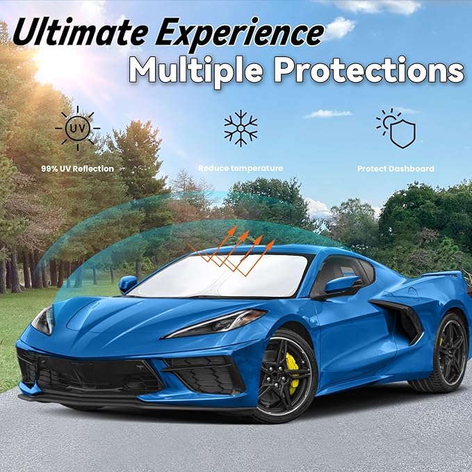 Windshield Sun Shade for Chevy Chevrolet Corvette C8 2020-2026, Car Front Window Sunshade with 240T Sun Visor Protector Blocks UV Rays Heat Sun Shield Accessories