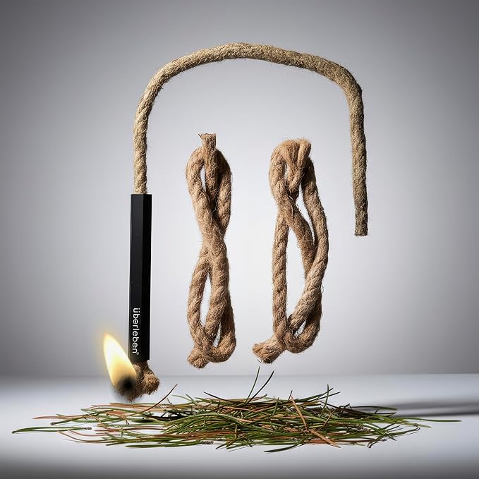 Überleben | Tindår Tinder Fire Starter Kit – 3 Paraffin-Wax Hemp Wicks & Aluminum Bellow Sleeve – 60 Min Burn, Waterproof Rope Match Fire Starter – Camping Essentials