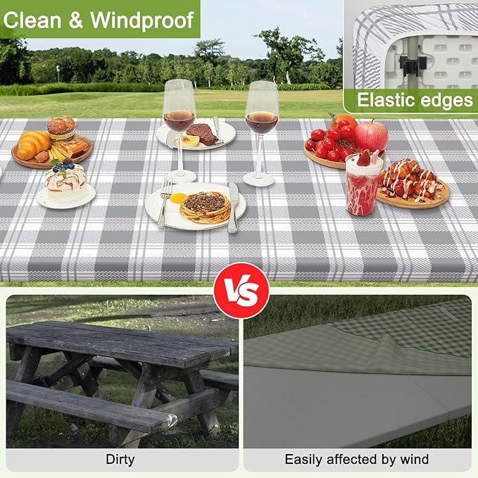 Picnic Table Cover with Bench Covers Portable Table Cloth Built-in Storage Pocket Fitted Tablecloth with Elastic Edges Waterproof Camping Essentials for Indoor Outdoor Rv,96in,Light Grey