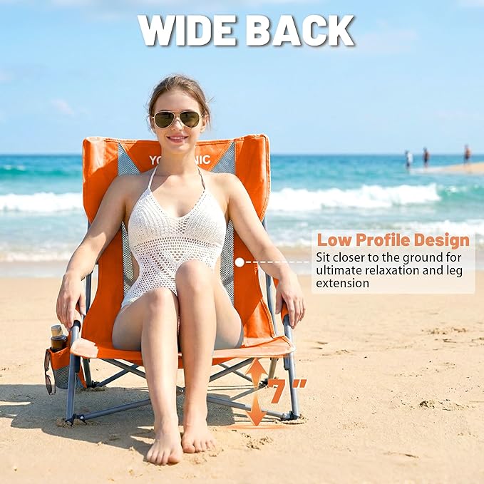 Youtanic Beach Chairs 2 Packs, Folding Portable Chair for Adults, Standard Back Extra Wide Seat with Cup Holder & Carry Bag, Lightweight Camp Chair for Outdoor, Beach, Sand, up to 350lbs, Orange