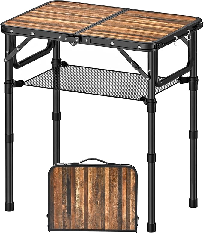 YihuiKo Folding Picnic Table with Storage Net, 3 Adjustable Heights Aluminum Small Folding Table, Lightweight, Portable Carrying Handle, for Camping Travel Outdoor
