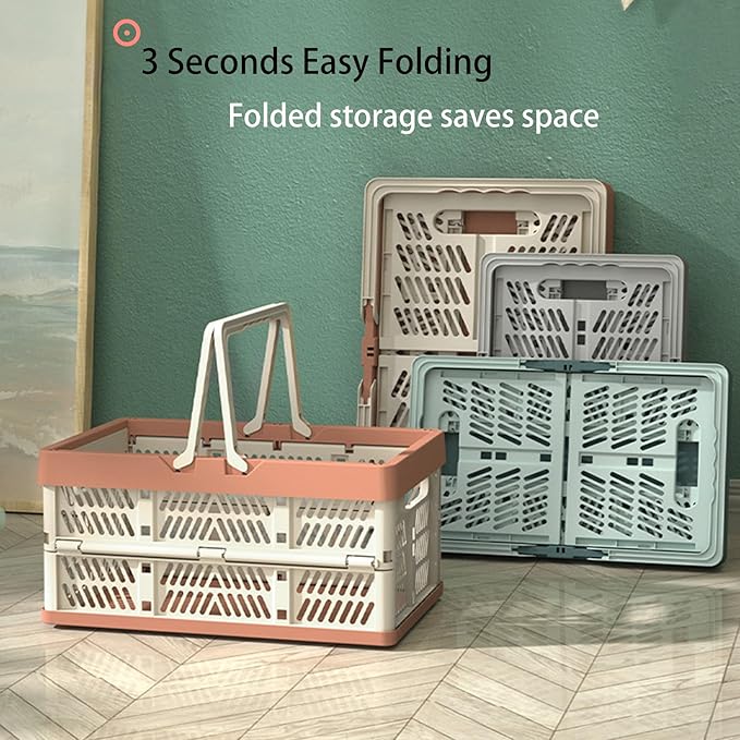 Collapsible Plastic Storage Crate - 20L Folding Organizer Basket Portable Stacking Storage Crate Bin with Handle, for Camping, Picnic, Car Trunk, Home Storage (Gray, M)