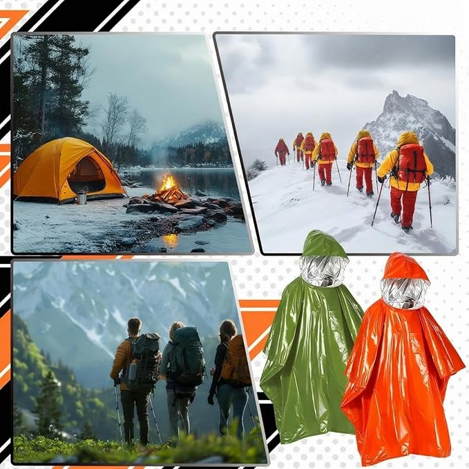 10 Pack Emergency Ponchos with Polyester Film Blanket Liner Waterproof Windproof Thermal Survival Blanket Rain Ponchos for Adult Outdoor Camping Hiking Emergencies Essential, 40 x 47 Inch