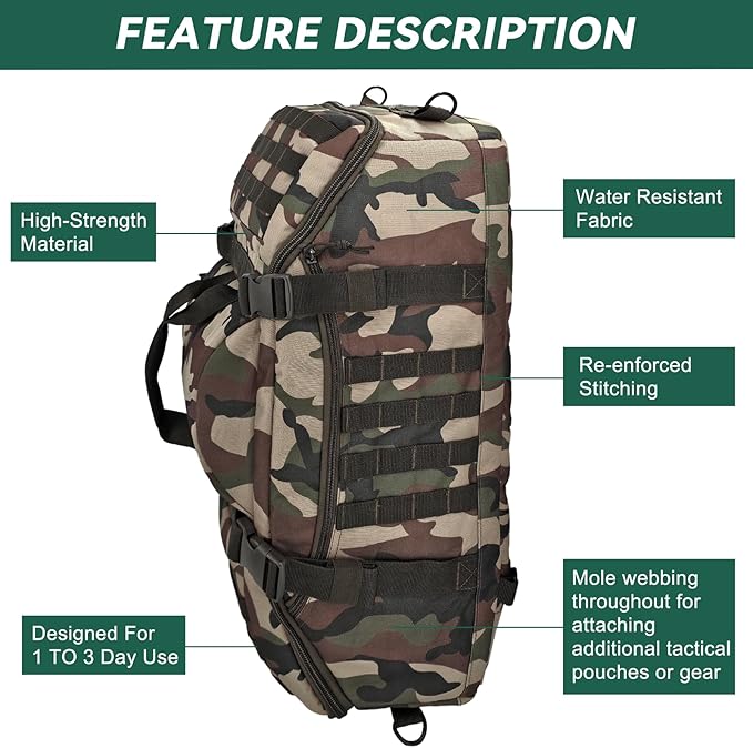 Hannibal Tactical 55L Large Duffle Bag, 3-in-1 Tactical Backpack MOLLE Pack for Sports, Gym, Outdoor, Woodland
