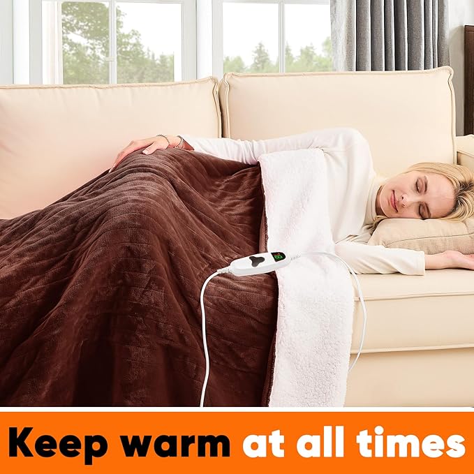 greenoak Heated Blanket Electric Full 72"X84", Heating Blankets with 10 Heat Levels 8 Hours Auto-Off, Soft Flannel Sherpa Fluffy House Warming Gifts for Grandma Seniors Mom,Mocha