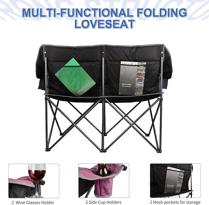 Oversized Double Camping Chair-Heavy Duty 2 Person Folding Loveseat Camp Couch for Adults,Portable Outdoor Lawn Chairs with Padded Seat for Fishing,Sports and Patio,Supports 500 LBS,Purple