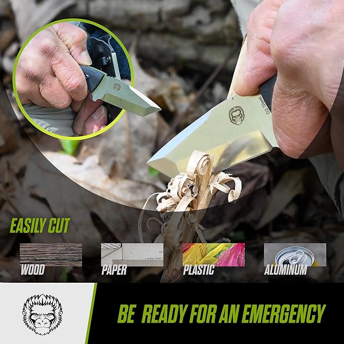 Holtzman's Gorilla Survival Tanto Fixed Blade Neck Knife with Kydex Sheath & Ferro Rod (Silver+Green) - Ideal for Outdoor Activities and Everyday Carry