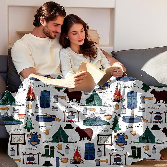 Large Fleece Travel Throw Blanket for Couch, Sofa, Camping Throw Blanket, Outdoor Super Soft and Warm Blankets, Camper Throw All Season Use, Cozy, Plush, Lightweight, 50"X60" ﻿