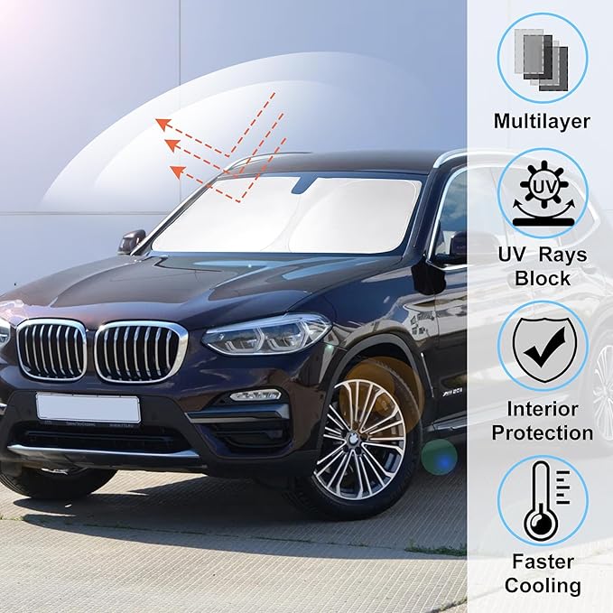 Windshield Sun Shade Custom Fit 2018-2023 2024 2025 2026 BMW X3 Accessories Foldable Sunshade Window Shade Protect Car from Sun Rays & Heat Damage