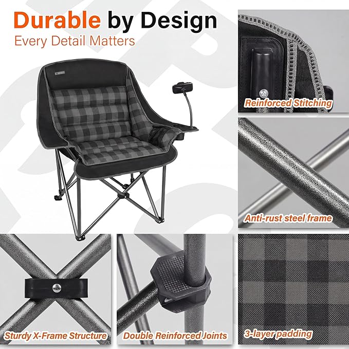 Oversized Camping Chairs for Adults- Heavy Duty Extra Large Lawn Chair,Folding Comfy Padded Camp Chair for Outdoor Sports Garden Beach Fishing,Wide&Thick,Black Plaid