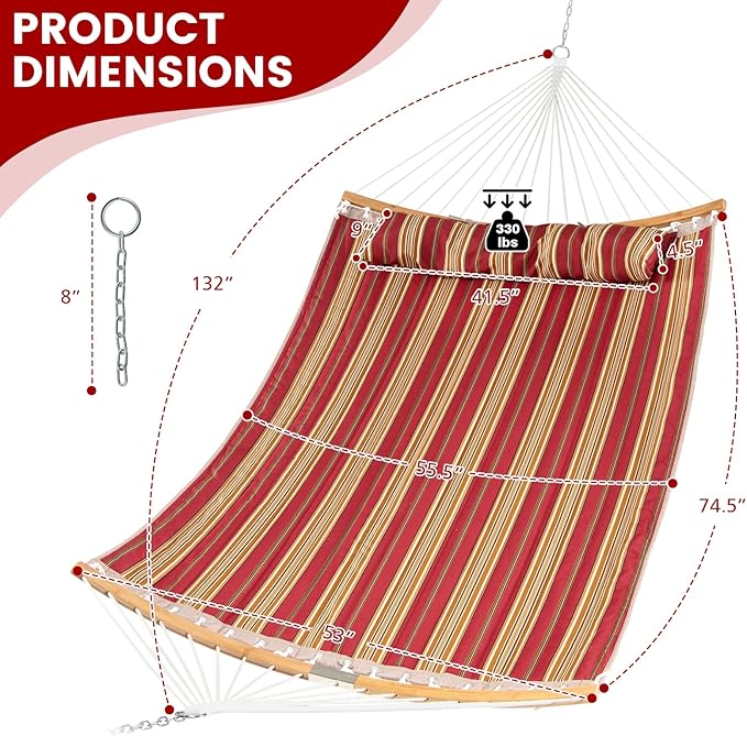 Tangkula 11FT Double Hammock, Heavy Duty Outdoor Hammock with Curved Spreader Bars, Detachable Pillow, 2 Person Hammocks for Outside, Porch, Patio (Red)