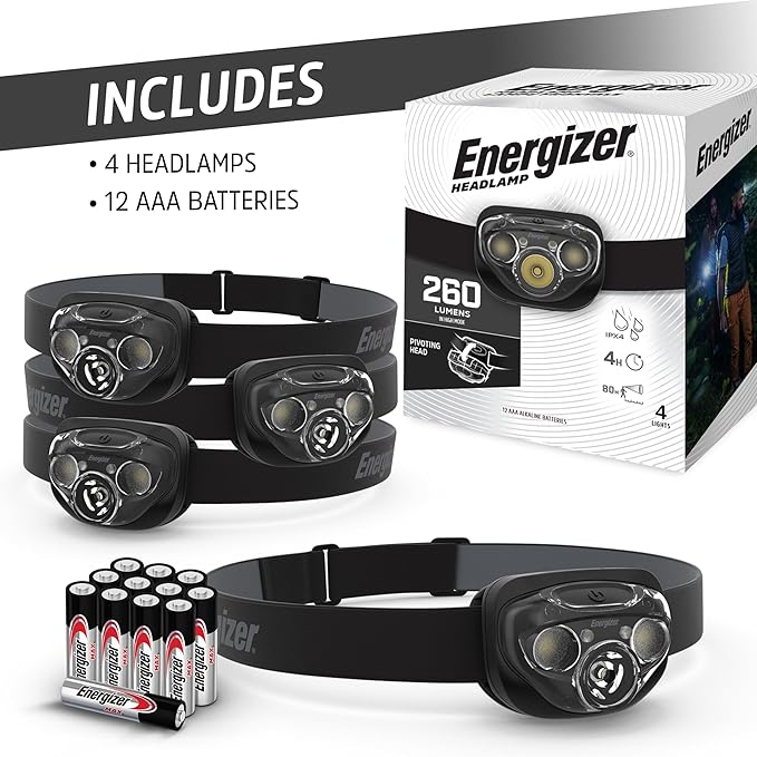 Energizer PRO-260 LED Headlamp,IPX4 Water Resistant Headlamps,High-Performance Head Light for Outdoors,Camping,Running,Storm,Survival LED Light for Emergencies (Batteries Included),(Pack of 16)