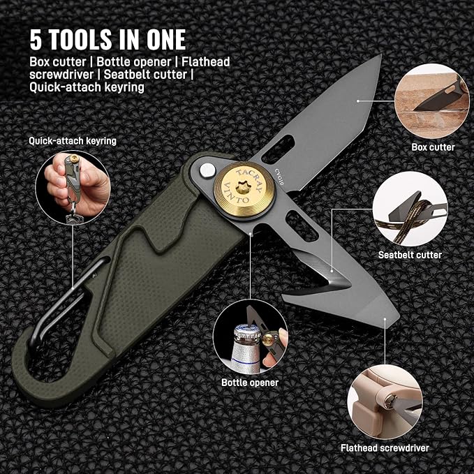TACRAY Vinto 5-in-1 Small Pocket Knife – Ultra-Light Compact Multitool with Utility Knife, Seatbelt Cutter, Bottle Opener, Flathead Screwdriver & Keyring Attachment for Everyday Carry (Green)