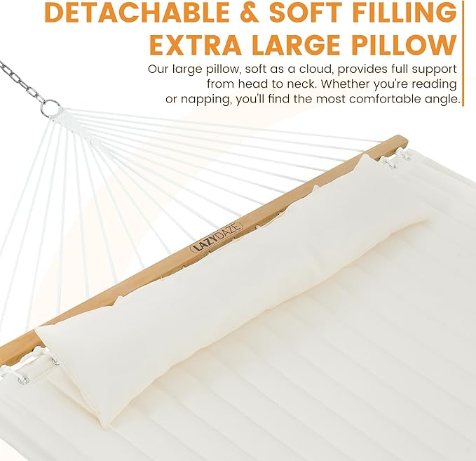 Lazy Daze Hammocks 2 Person Double Quilted Fabric Hammock with Spreader Bar, Detachable Pillow, Side Pocket, Carabiners, Chains, Straps for Outdoor, 450lbs Capacity, Natural