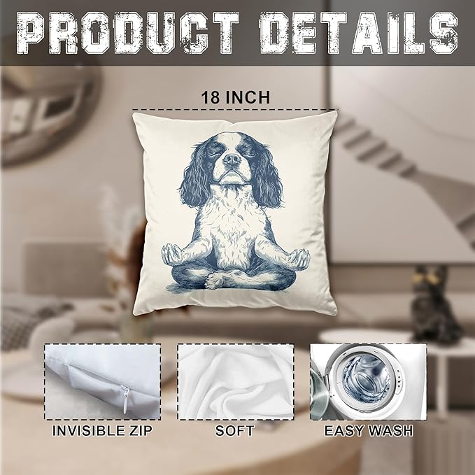 Vintage Yoga Cavalier King Charles Spaniel Pillow Cover 18x18, King Charles Cavalier Gifts, Dog Meditation Decorative Throw Pillow Cover for Meditation Zen Room Yoga Studio Home
