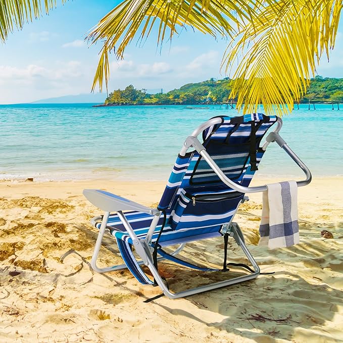 Portable Beach Chair for Adults, Outdoor Camping Chair Lay Flat Folding Backpack Beach Reclining Chair with 5 Positions, Headrest, Cup Holder, Heavy Blue Striped