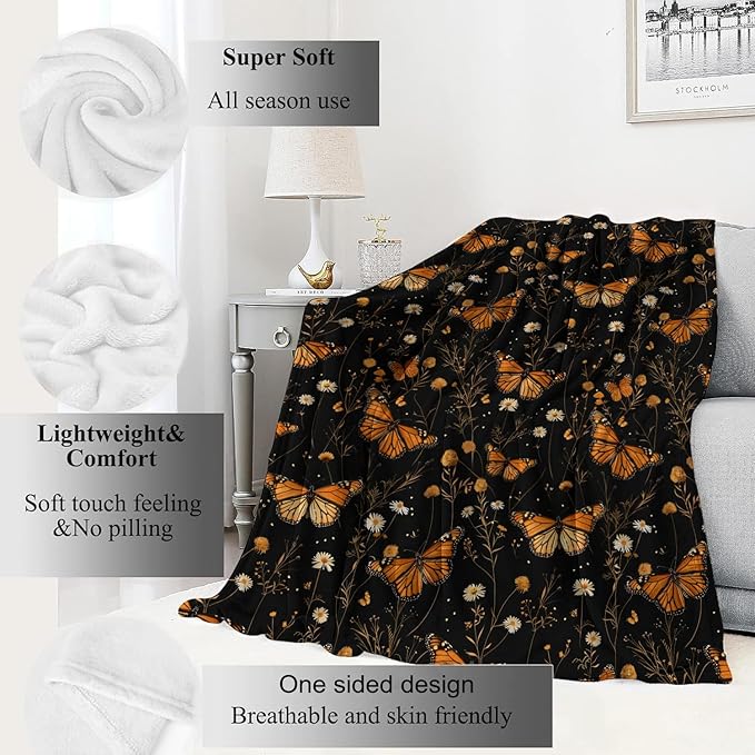 Butterfly Garden Blanket Floral Black Throw Blankets Gifts for Girls Women Adults Lightweight Soft Fleece Cozy for Sofa Couch Bed Room Travel Birthday Party Decor 40x50in