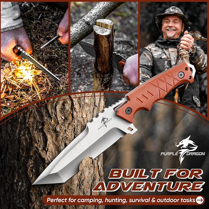 Purple Dragon Camping Knife with Sheath - D2 Steel Survival Knives for Camping, Bushcraft - Ergonomic G10 Handle Outdoor Survival Gear Christmas Gift for Men and Women