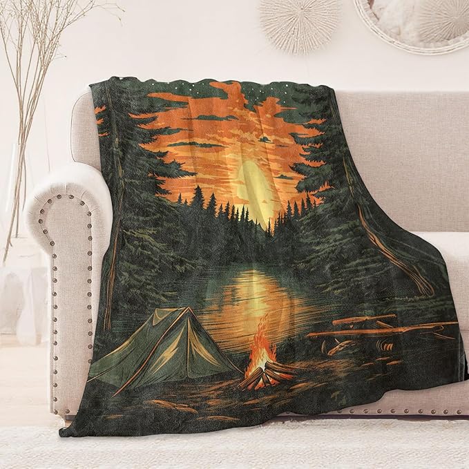 Camping Campfire Blanket, Cozy Flannel Serene Sunset Forest Scene Throw Blanket, Soft Fuzzy Blankets for Travel Decor, All Season Lightweight Couch Bed Cover, Gifts for Women Adults 50"×60"