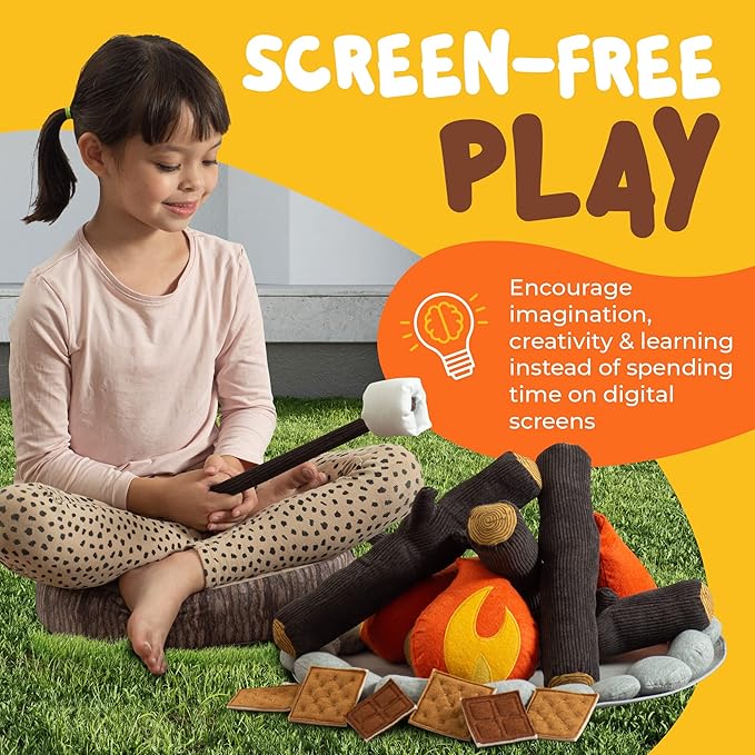 Pretend Campfire Set for Kids with S'Mores Kit & Wood Log Pillow - Soft, Safe & Durable Toy Campfire for Pretend Play & Sensory Play - Giftable Plush Felt Kids Campfire Playset for Ages 3+