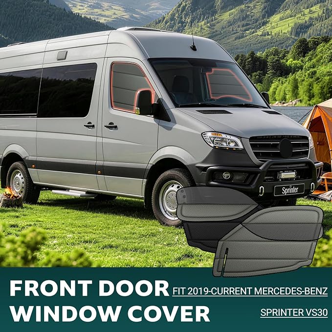 Front Door Window Covers(Pair) for Mercedes-Benz Sprinter 2019-2026 VS30, Magnetic Insulated Blackout Sunshade, XPE Foam Core, AllSeasonGuard