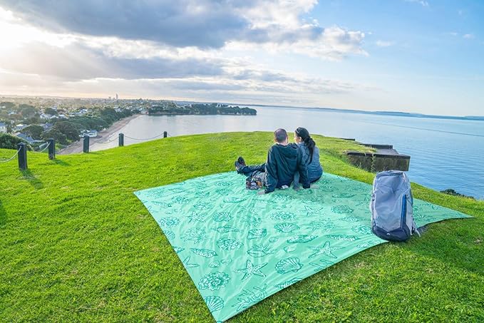WEKAPO Beach Blanket Waterproof Sandproof Oversized, Extra Large Beach Mat Sand Free, Lightweight & Compact Sand Free Mat with 5 Stakes & 4 Corner Pockets