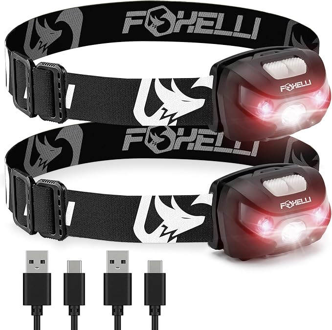 Foxelli USB-C Rechargeable LED Headlamp – Super Bright, Lightweight Head Lamp for Running, Camping, Hiking & Work – Comfortable Fit for Adults & Kids