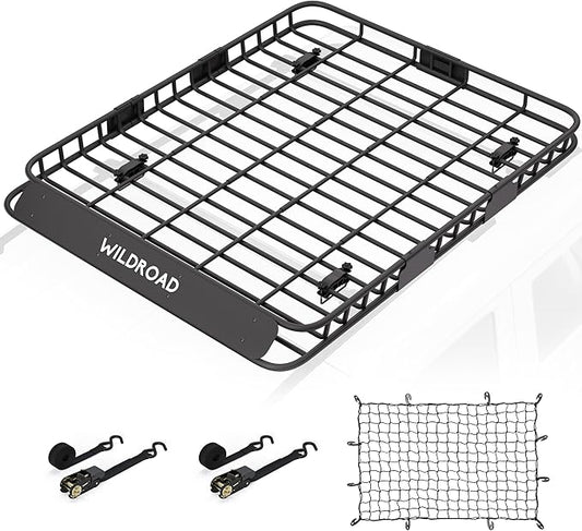 Wildroad Roof Rack Cargo Basket, Upgraded 4” Fence Wide Car Roof Basket, 64"x 50"x 4" Universal Car Top Carrier Basket with Super Duty Bungee Cargo Net and Ratchet Straps Fits for SUV Truck Cars