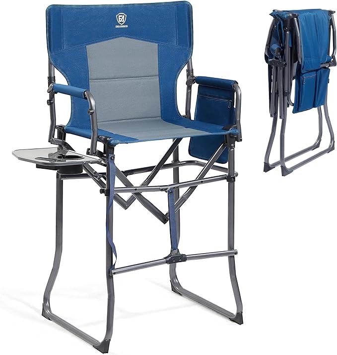 EVER ADVANCED Portable 30.7" Seat Height Tall Folding Camping Chair Directors Chair High Foldable Bar Stool with Side Table for Makeup Artist, Sports Event, Craft Show, Supports 350LBS