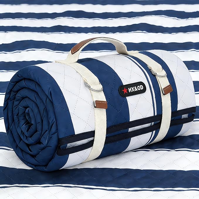 HX&OD Outdoor Picnic Blanket Extra Large, 80”x60” Waterproof Picnic Mat Foldable Camping Blanket Portable with Carry Strap for Beach Mat (Bule)