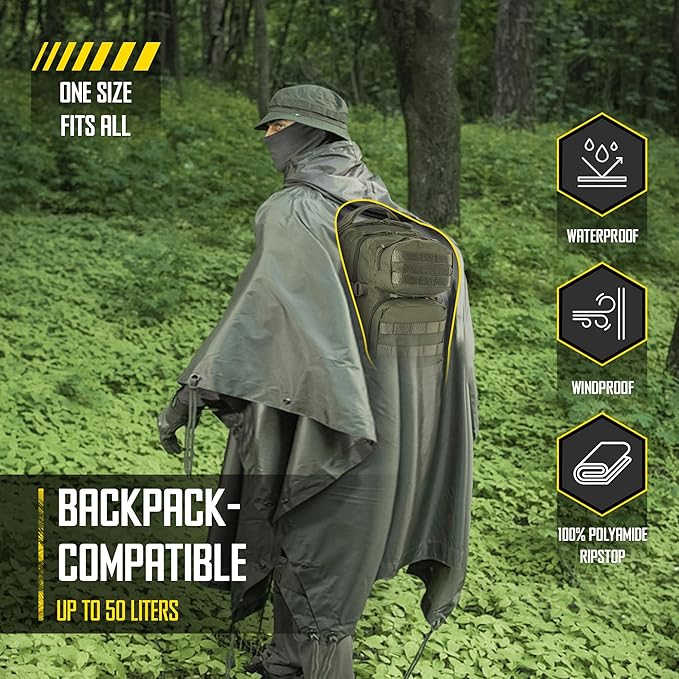 M-Tac Tactical Rain Poncho - Army Military Poncho Shelter - Waterproof Ripstop Camping Hiking Outdoor Hunting Rain Ponchos