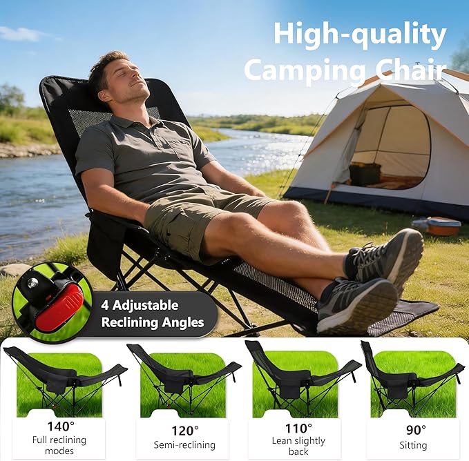 Black Reclining Camping Chair with Footrest, Portable Folding Lounge Chair, 4-Position Adjustable Folding Camping Chair with Headrest & Storage Bag for Outdoor Lawn, Hiking, Picnic, Fishing