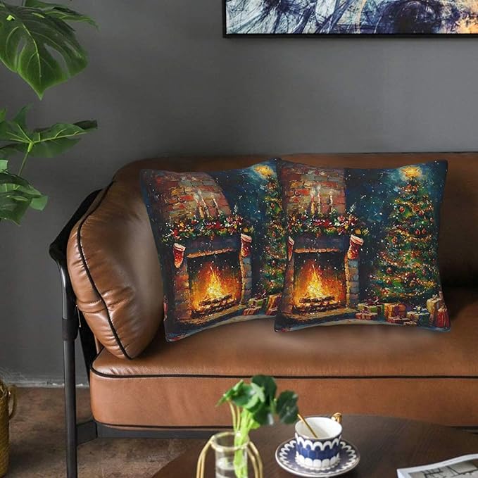 Christmas Tree and Fireplace Throw Pillow Covers 18x18 inch Set of 2 Xmas Pillow Case Cushion Cover for Home Sofa Couch Living Room Car Decor