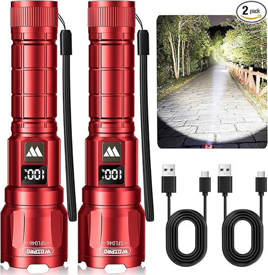 WdtPro LED Rechargeable Flashlight 2 Pack, Super Bright Zoomable 6000 Lumens Tactical Flashlight with LCD Digital Display, 3 Mode Waterproof Flash Light for Camping, Hunting & Home Emergency - Red