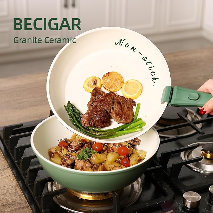 BECIGAR 23pcs Ceramic Pots and Pans Set, Nonstick Detachable Handle Cookware, Induction Kitchen Cooking Set with Removable Handle,include Frying Pans & Saucepans Oven Safe(Green)