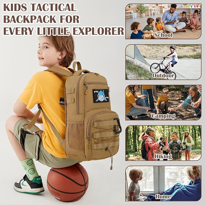 Kids Tactical Backpack Army Molle Bookbag Military Boys Backpack for School, Outdoor, Travel, Camping, Brown