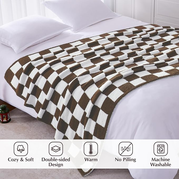 WRENSONGE Checkered Throw Blanket, Coffee Soft Cozy Fluffy Warm Hand Made Throw Blankets for Couch, Sofa, Chair, Bed, Camping, Picnic, Travel Lightweight Bed Blanket - 60"*80"